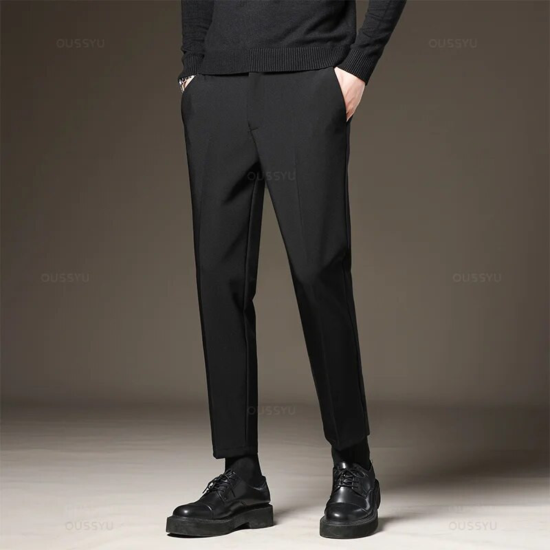 OUSSYU brändiriided uued talvefliisist soojad ülikonnapüksid meeste elastne vöökoht paks töö flokeerivad pidulikud püksid meestele, suur suurus 40