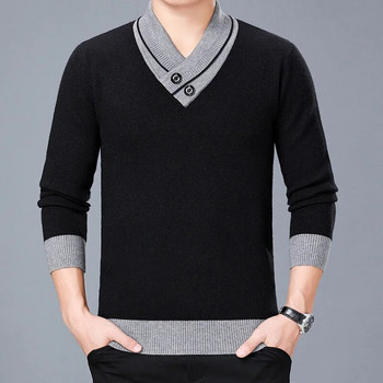 DIMUSI Зимен мъжки пуловер Ежедневен мъжки плетен пуловер с висока яка и V-образно деколте Мъжки бизнес плетени пуловери с двойна яка Облекло