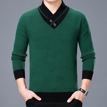 DIMUSI Зимен мъжки пуловер Ежедневен мъжки плетен пуловер с висока яка и V-образно деколте Мъжки бизнес плетени пуловери с двойна яка Облекло