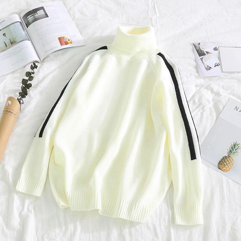 Pánske oblečenie Pruhované pulóvre Biele pletené svetre pre mužov Rolák s vysokým golierom Stará bavlna Výstrih Hrubé zimné elegantné nové