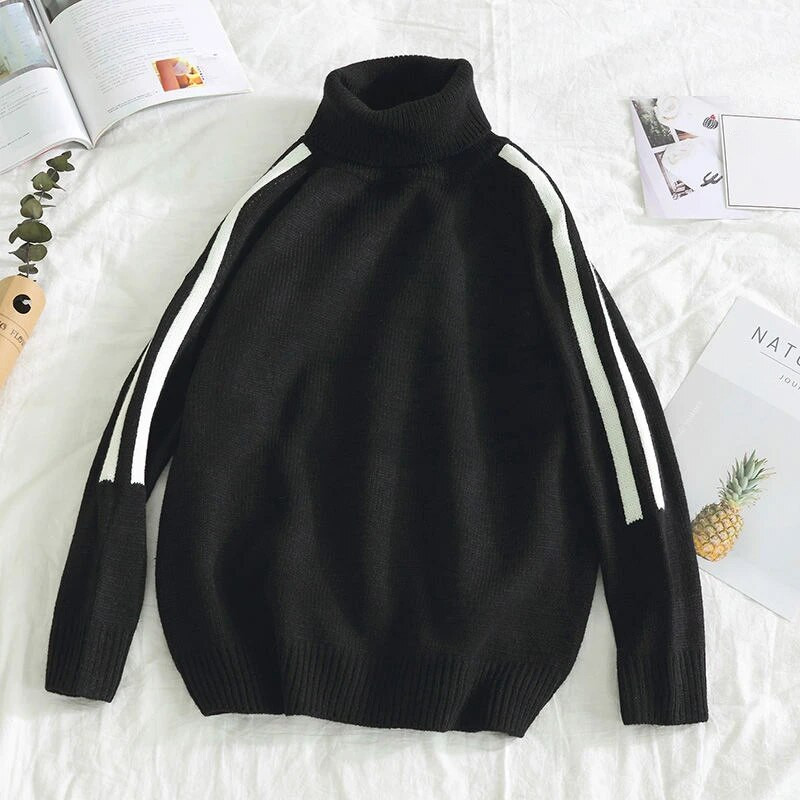 Pánske oblečenie Pruhované pulóvre Biele pletené svetre pre mužov Rolák s vysokým golierom Stará bavlna Výstrih Hrubé zimné elegantné nové