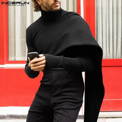 INCERUN Men Irregular Pullovers Solid Color Turtleneck Long Sleeve Knitted Casual Sweaters Streetwear Autumn 2023 Men Clothing