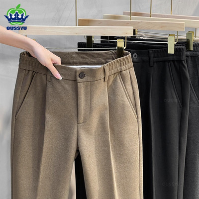 Pantaloni de costum toamnă iarnă bărbați groși de afaceri talie elastică clasic gri maro lână drepte coreeană pantaloni formali bărbați 27-38