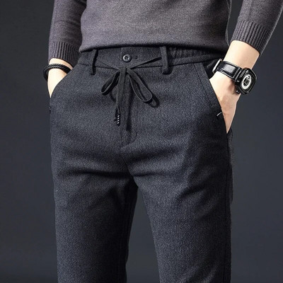 Φθινοπωρινό, χειμερινό βουρτσισμένο ύφασμα, καθημερινό παντελόνι ανδρικό χοντρό Επαγγελματικό κορδόνι ελαστικό στη μέση Λεπτό μαύρο παντελόνι Ανδρικό συν μέγεθος 38