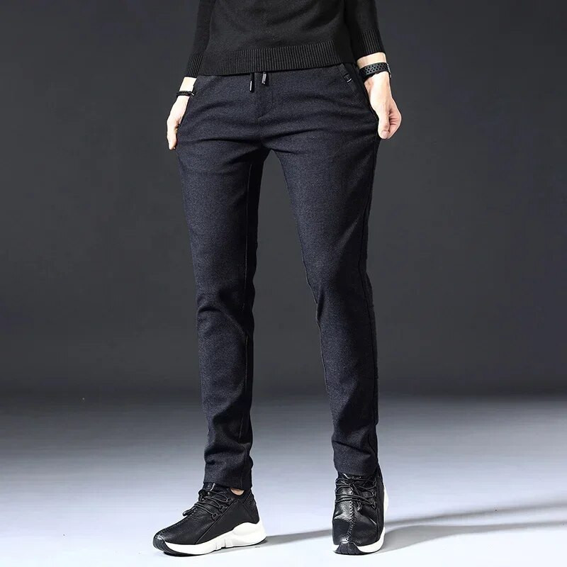 Φθινοπωρινό, χειμερινό βουρτσισμένο ύφασμα, καθημερινό παντελόνι ανδρικό χοντρό Επαγγελματικό κορδόνι ελαστικό στη μέση Λεπτό μαύρο παντελόνι Ανδρικό συν μέγεθος 38