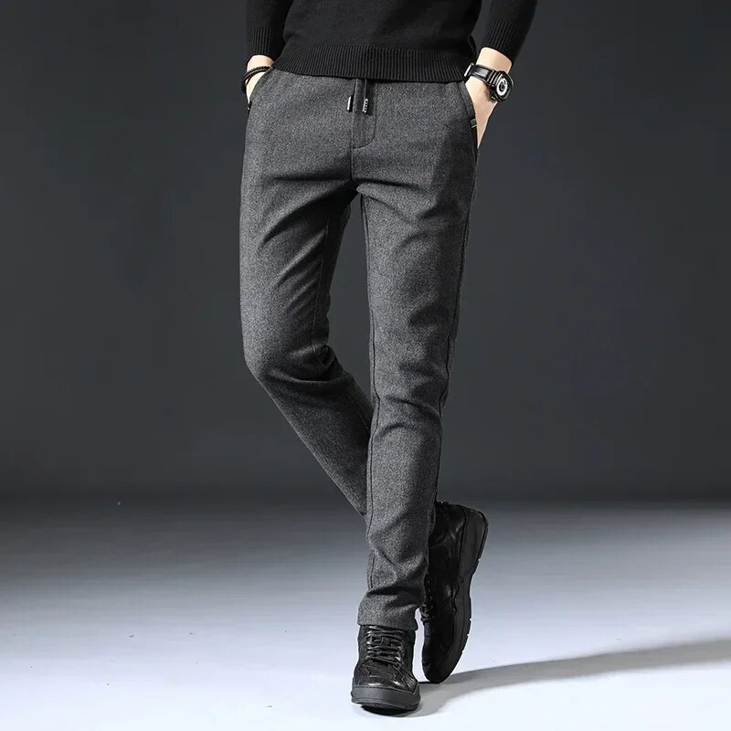 Φθινοπωρινό, χειμερινό βουρτσισμένο ύφασμα, καθημερινό παντελόνι ανδρικό χοντρό Επαγγελματικό κορδόνι ελαστικό στη μέση Λεπτό μαύρο παντελόνι Ανδρικό συν μέγεθος 38