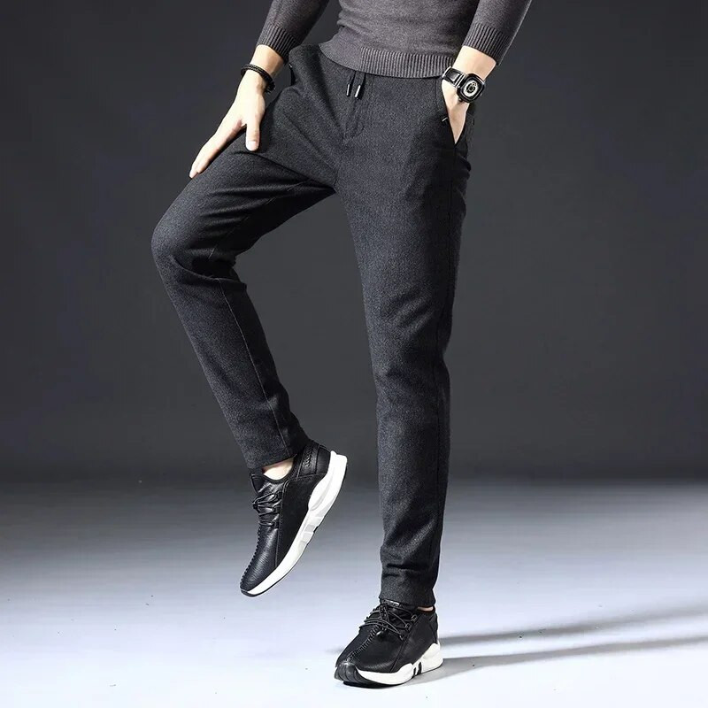 Φθινοπωρινό, χειμερινό βουρτσισμένο ύφασμα, καθημερινό παντελόνι ανδρικό χοντρό Επαγγελματικό κορδόνι ελαστικό στη μέση Λεπτό μαύρο παντελόνι Ανδρικό συν μέγεθος 38