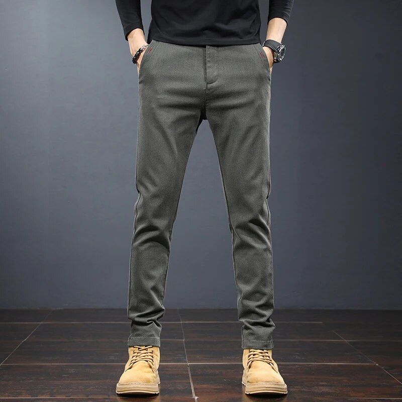 2023 m. naujos rudens žiemos klasikinės darbo tamprios kelnės vyriškos medvilnės verslo plonos pilkos spalvos juodos korėjos storos laisvalaikio kelnės, vyriškos