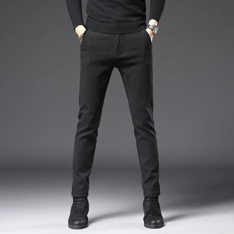 Sügis-talv Uued paksud vabaaja püksid Meeste ärimood Slim Stretch Must Sinine Hall Brändi Riided Harjatud Püksid Meestele 28-38