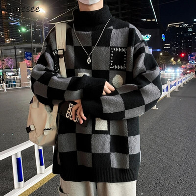 Пуловер с висока яка Мъжки плетива в корейски стил Модни свободни универсални тийнейджъри Семпло Ropa De Invierno Студентски зимни дрехи
