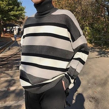 Универсална зимна водолазка Мъжки пуловер Корейска мода Удебелени тийнейджърски райета Harajuku Големи пуловери Хип-хоп Пънк