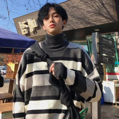 All-match Winter Turtleneck Men Sweater Korean Fashion Thicken Teenagers Striped Print Harajuku Oversized Pullovers Hip Hop Punk