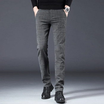 Есенно-зимни изчеткани мъжки тънки панталони имитация на памучно бельо Еластични малки прави карирани бизнес ежедневни черни панталони