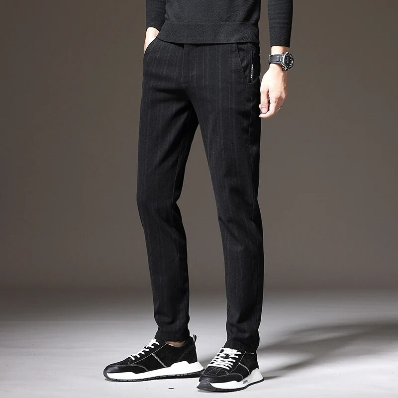 Ανοιξιάτικο φθινόπωρο Stretch ριγέ παντελόνι Ανδρικό ελαστικό βαμβακερό στη μέση Κλασικό λεπτό χοντρό επαγγελματικό γραφείο Κορέα μαύρο γκρι casual παντελόνι