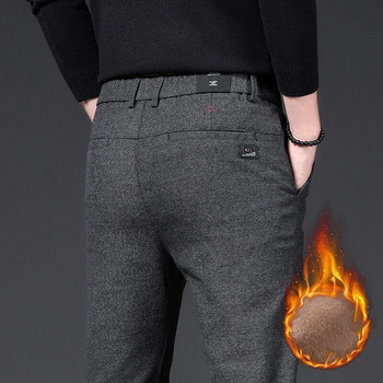 2022 Зимни нови топли мъжки ежедневни панталони Бизнес мода Slim Fit Stretch Thicken Сиви черни памучни панталони от руно Мъжки