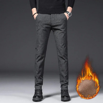 2022 Зимни нови топли мъжки ежедневни панталони Бизнес мода Slim Fit Stretch Thicken Сиви черни памучни панталони от руно Мъжки