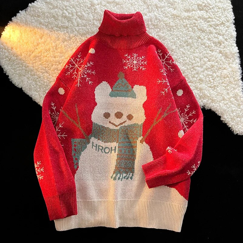 Puloveri za muškarce Zimski dizajn džempera s dolčevitom Božićni uniseks za par Opušteno pletenje s printom Kawaii Harajuku Višeslojni ručnici