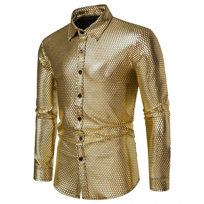 2022 г. Нова мъжка бронзова риза с дълъг ръкав и копчета на ревера Диско парти Костюм за коледна топка Camisa