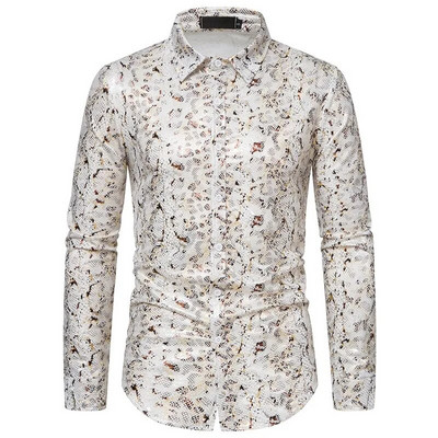 2022 m. Nauji vyriški bronziniai marškinėliai ilgomis rankovėmis, užsegami atlapais, diskoteka, Kalėdų baliaus kostiumas „Camisa“