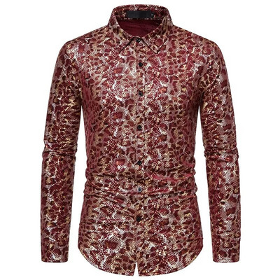 2022 m. Nauji vyriški bronziniai marškinėliai ilgomis rankovėmis, užsegami atlapais, diskoteka, Kalėdų baliaus kostiumas „Camisa“