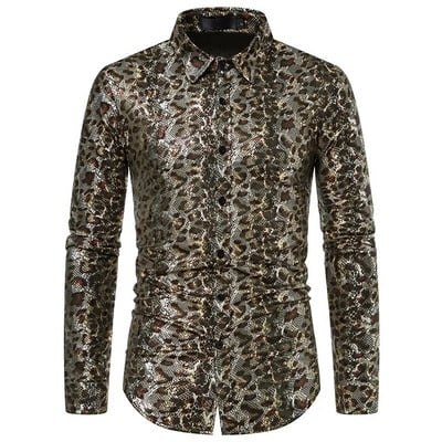 2022 m. Nauji vyriški bronziniai marškinėliai ilgomis rankovėmis, užsegami atlapais, diskoteka, Kalėdų baliaus kostiumas „Camisa“