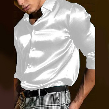 Есенна мъжка сатенена копринена едноцветна едноредна риза с дълъг ръкав Сватбени партита Бизнес ризи Camisas De Hombre