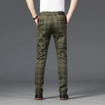 OUSSYU Чисто нови мъжки ежедневни панталони с разтегателни райета, карирани памучни тесни, тънки изрязани армейски зелени офис сватбени панталони, мъжки