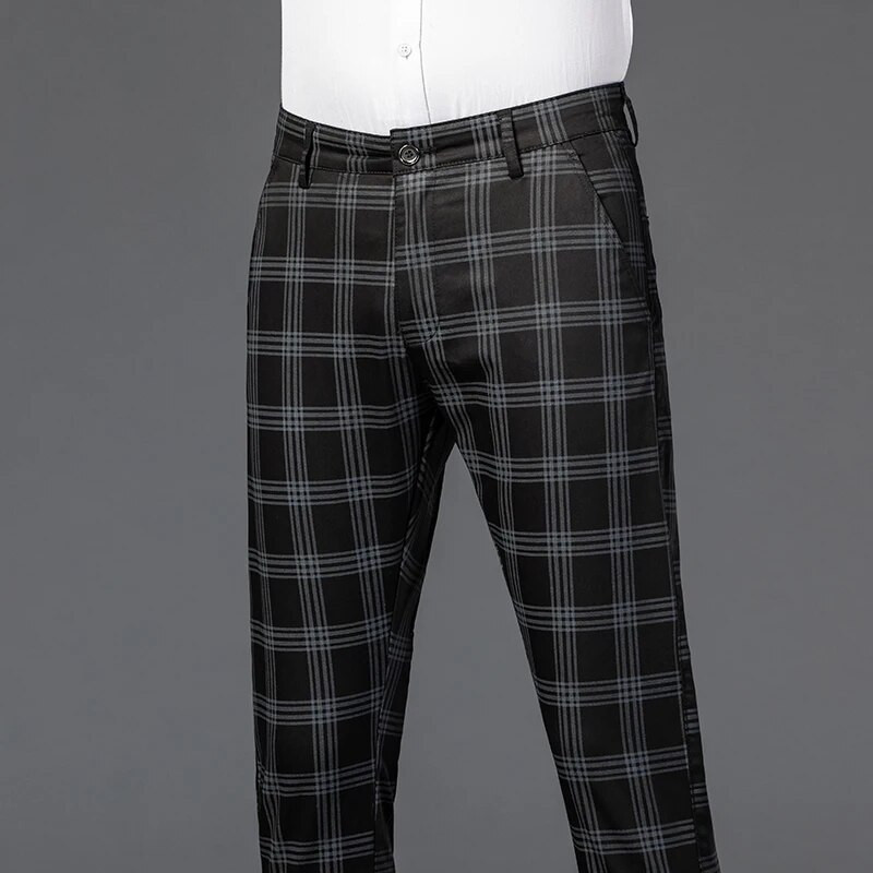 OUSSYU Ολοκαίνουργιο ανδρικό, καθημερινό παντελόνι Stretch ρίγες, καρό βαμβακερό, στενό λεπτό κοψίματα Army Πράσινο παντελόνι γάμου γραφείου Ανδρικό