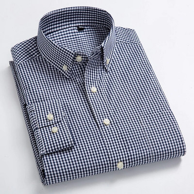Мъжка стандартна кройка с дълги ръкави, ежедневна карирана риза с една кръпка, джоб и яка с копчета, удобна риза от 100% памук