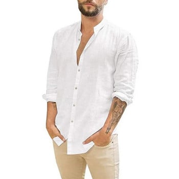 Памучно бельо, горещи разпродажби, мъжки ризи с дълги ръкави, летни едноцветни, стояща яка, ежедневен плажен стил, плюс размер