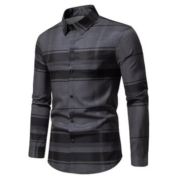 2023 Нова пролетно-лятна мъжка тънка бизнес ежедневна дишаща риза с дълъг ръкав Модна раирана карирана горна част с копчета за мъже