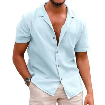 Лятна едноцветна риза за мъжка хавайска блуза Ежедневни модни горнища с къс ръкав 2023 г. Свободна голяма тениска Мъжко облекло