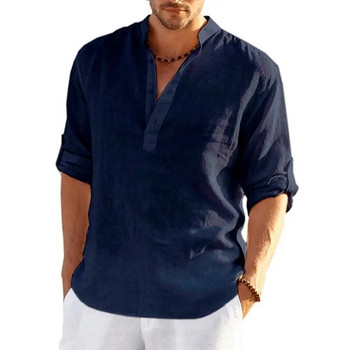 Нова мъжка ленена дишаща риза с дълъг ръкав Едноцветна ежедневна основна памучна ленена риза Топове Конопена риза за мъжка тениска