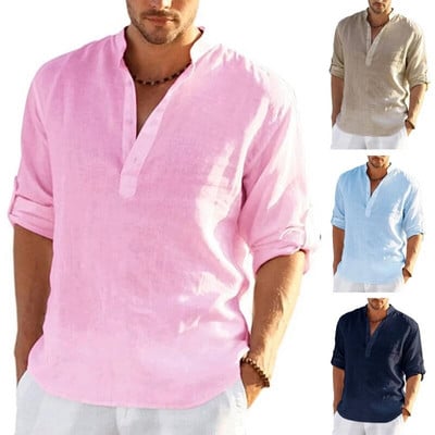 Нова мъжка ленена дишаща риза с дълъг ръкав Едноцветна ежедневна основна памучна ленена риза Топове Конопена риза за мъжка тениска