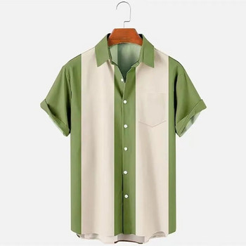 Νέο ανδρικό πουκάμισο μπόουλινγκ σε στυλ 50s Ριγέ, περιστασιακά αναπνεύσιμα κοντομάνικα πουκάμισα ανδρικά καλοκαιρινά ρούχα