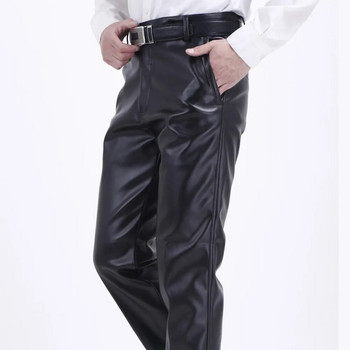 Мъжки кожени панталони Прави панталони от еластична PU кожа Мотоциклетни панталони Тънки