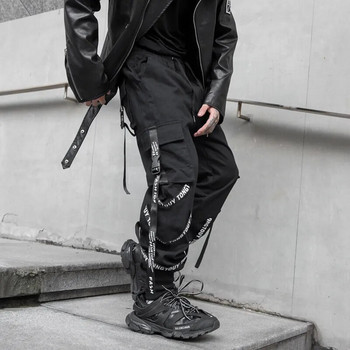 HOUZHOU Μαύρο παντελόνι Cargo Ανδρικά Joggers Ανδρικά παντελόνια Cargo Τζόκινγκ Ιαπωνικά streetwear Hip Hop Hippie Techwear Gothic Ribbon