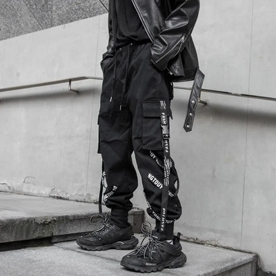 HOUZHOU Black Cargo Pants Meeste Joggers Cargo Püksid meestele Jooksvad Jaapani tänavarõivad Hip Hop Hippie Techwear Gooti lint