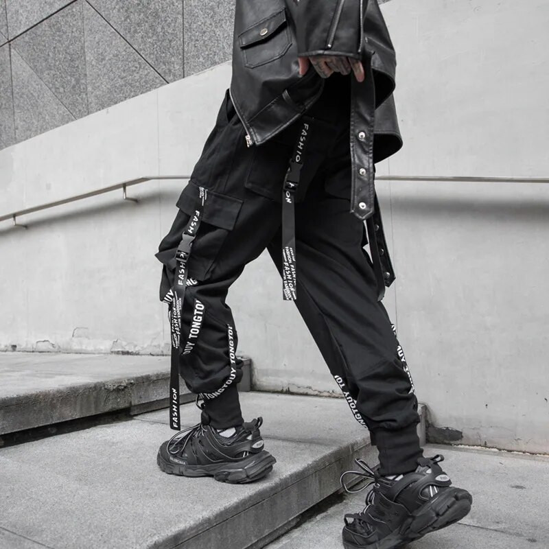 HOUZHOU Black Cargo Pants Meeste Joggers Cargo Püksid meestele Jooksvad Jaapani tänavarõivad Hip Hop Hippie Techwear Gooti lint