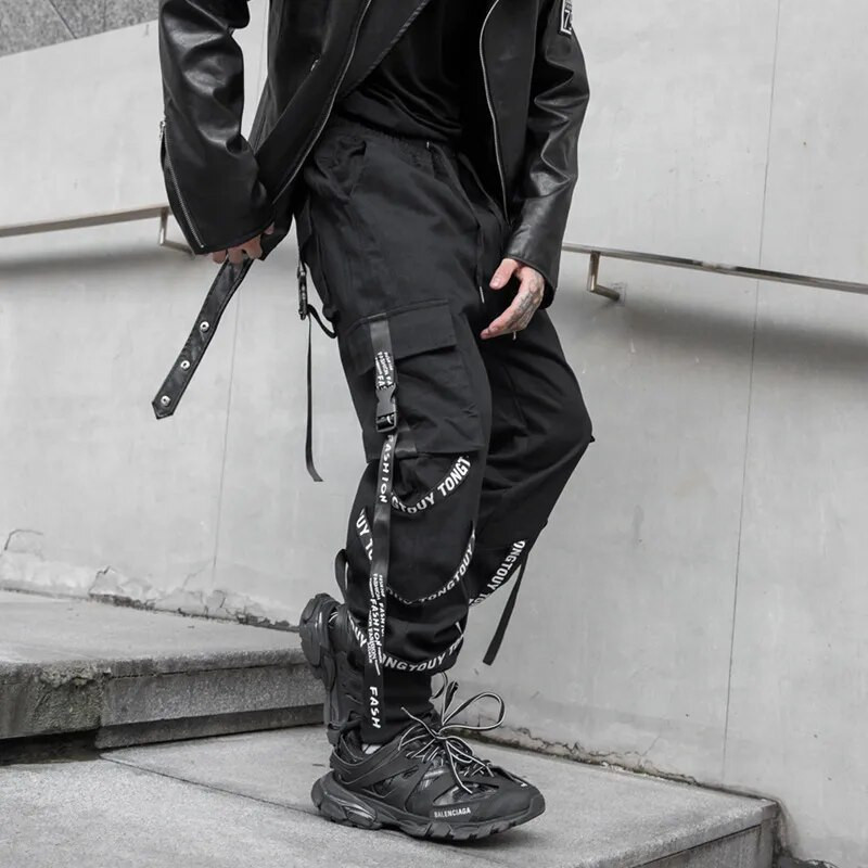 HOUZHOU Black Cargo Pants Meeste Joggers Cargo Püksid meestele Jooksvad Jaapani tänavarõivad Hip Hop Hippie Techwear Gooti lint