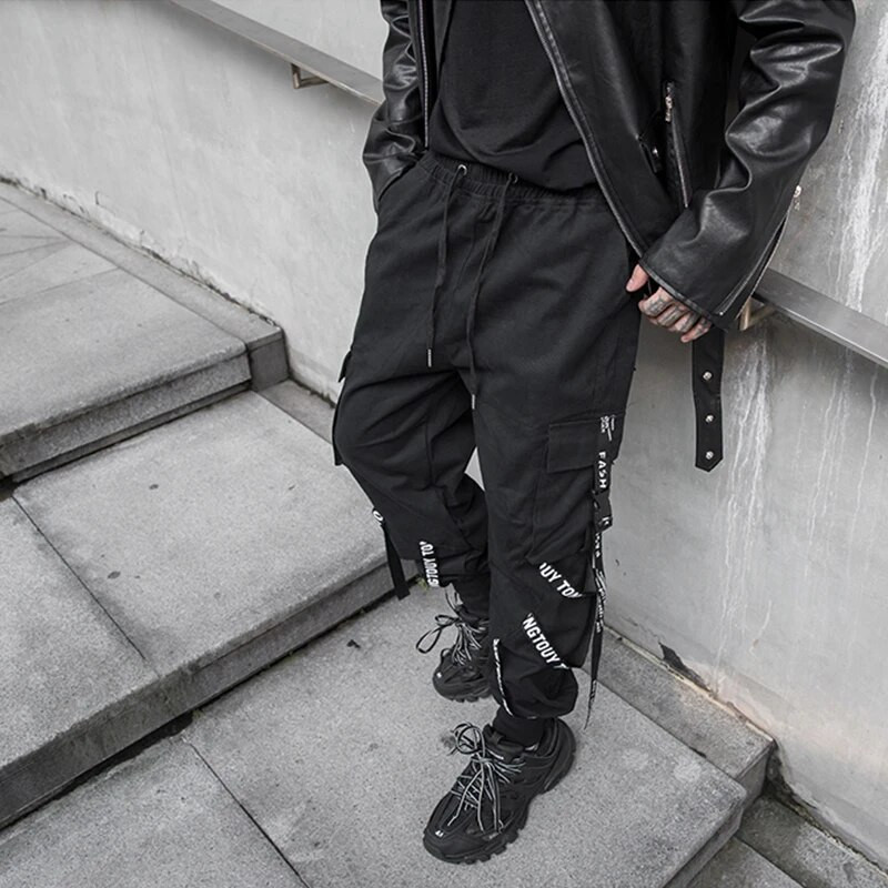 HOUZHOU Black Cargo Pants Meeste Joggers Cargo Püksid meestele Jooksvad Jaapani tänavarõivad Hip Hop Hippie Techwear Gooti lint