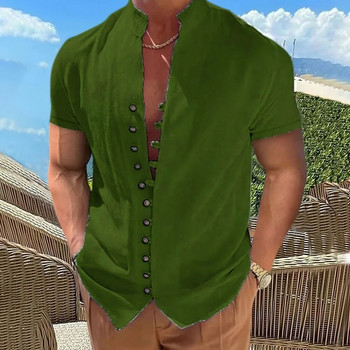 Лято 100%памучно бельо НОВИ мъжки ризи с къси ръкави Едноцветна отложна яка Ежедневен стил Плюс размер
