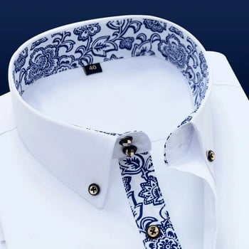 Синьо-бяла риза с порцеланова яка, мъжка риза с дълъг ръкав, корейска прилепнала ежедневна офис бизнес едноцветна бяла тъмносиня