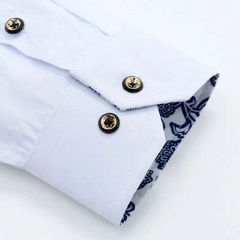 Синьо-бяла риза с порцеланова яка, мъжка риза с дълъг ръкав, корейска прилепнала ежедневна офис бизнес едноцветна бяла тъмносиня
