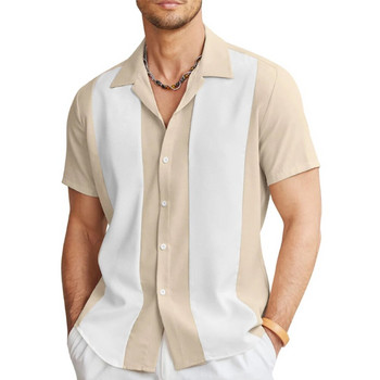 Нова модна мъжка ежедневна ретро риза за боулинг, хавайска широка риза с копчета и къси ръкави, памучно мъжко облекло на оксфордски райета