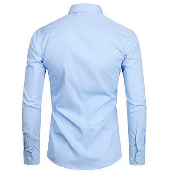 Мъжки небесно сини тесни ризи Slim Fit Маркова риза с дълъг ръкав Мъжка памучна първокачествена бизнес официална риза с джоб