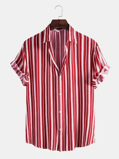 Vasariniai vyriški marškiniai dryžuoti marškiniai Havajų sagos trumpomis rankovėmis languotos raudonos spalvos viršutiniai paplūdimio drabužiai Juodai balti marškiniai vyriškiems drabužiams