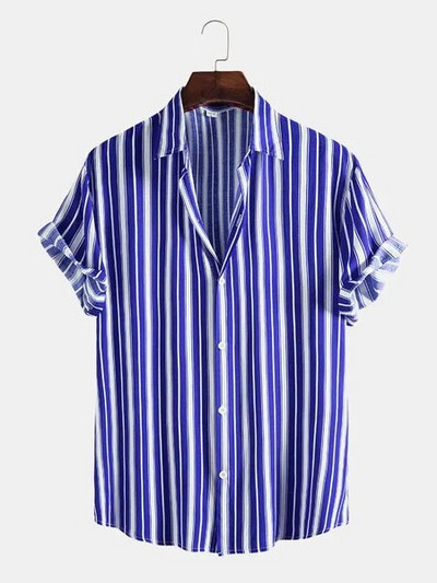 Vasariniai vyriški marškiniai dryžuoti marškiniai Havajų sagos trumpomis rankovėmis languotos raudonos spalvos viršutiniai paplūdimio drabužiai Juodai balti marškiniai vyriškiems drabužiams