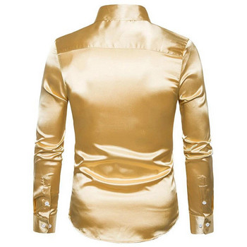 Мъжка риза Копринен сатен Луксозни гладки мъжки плътни смокинг Бизнес ризи Мъжки ежедневни прилепнали блуза Блестящи златни сватбени ризи