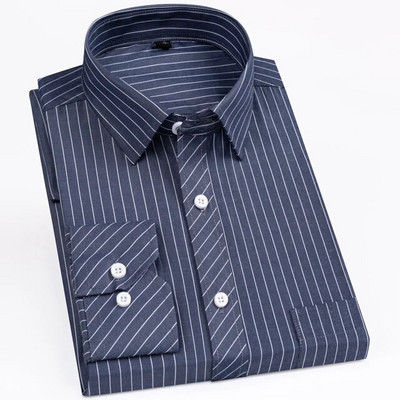 Vyriški klasikiniai dryžuoti languoti marškinėliai ilgomis rankovėmis, su kišenėmis formaliai, standartinio modelio išmanūs kasdieniai biuro marškiniai